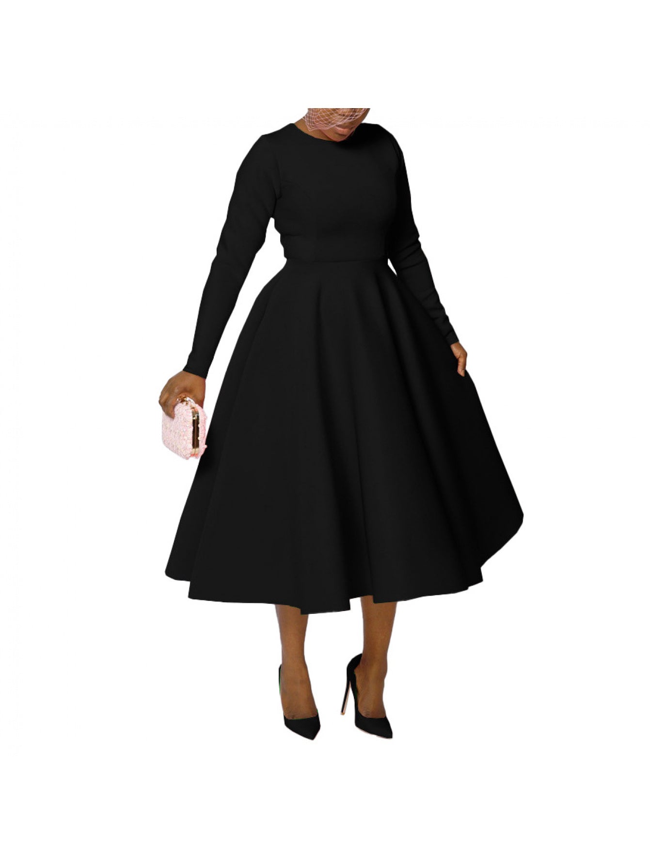 Plus Size - Plus Size Women'S Solid Color Round Neck Long Sleeve Back Pleated Flared Dress Autumn And Winter Elegant Long Dress