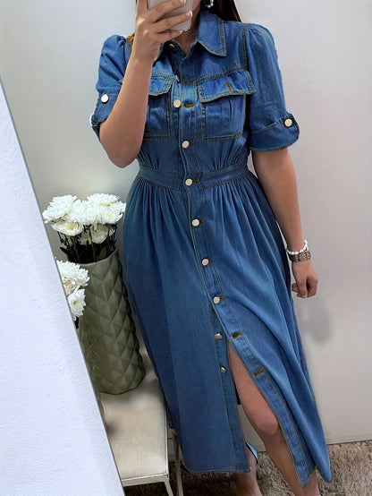 [Denim Shirt Dress] Women's Denim Shirt Dress with Collar, Short Sleeved Waist, A-Line Jeans, And Pocket Dress