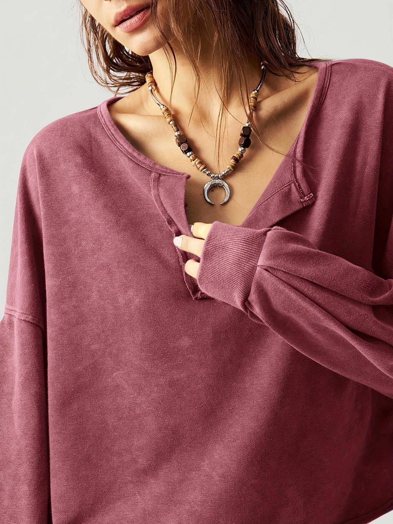Casual Solid Color V-Neck Long Sleeve Loose Fit Women Sweatshirt Fall Tops Women Cropped Sweatshirt Long Sleeve Tops Comfy Tops Tops for Women