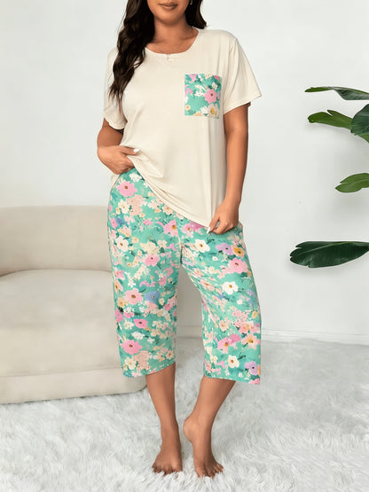 6pcs Plus-size Women's Short-sleeved Seven-inch Pants Pajama Set, Summer New Style, Floral, Butterfly, Heart Pattern - Suitable for Home Wear As An Outerwear Plus-size Outfit