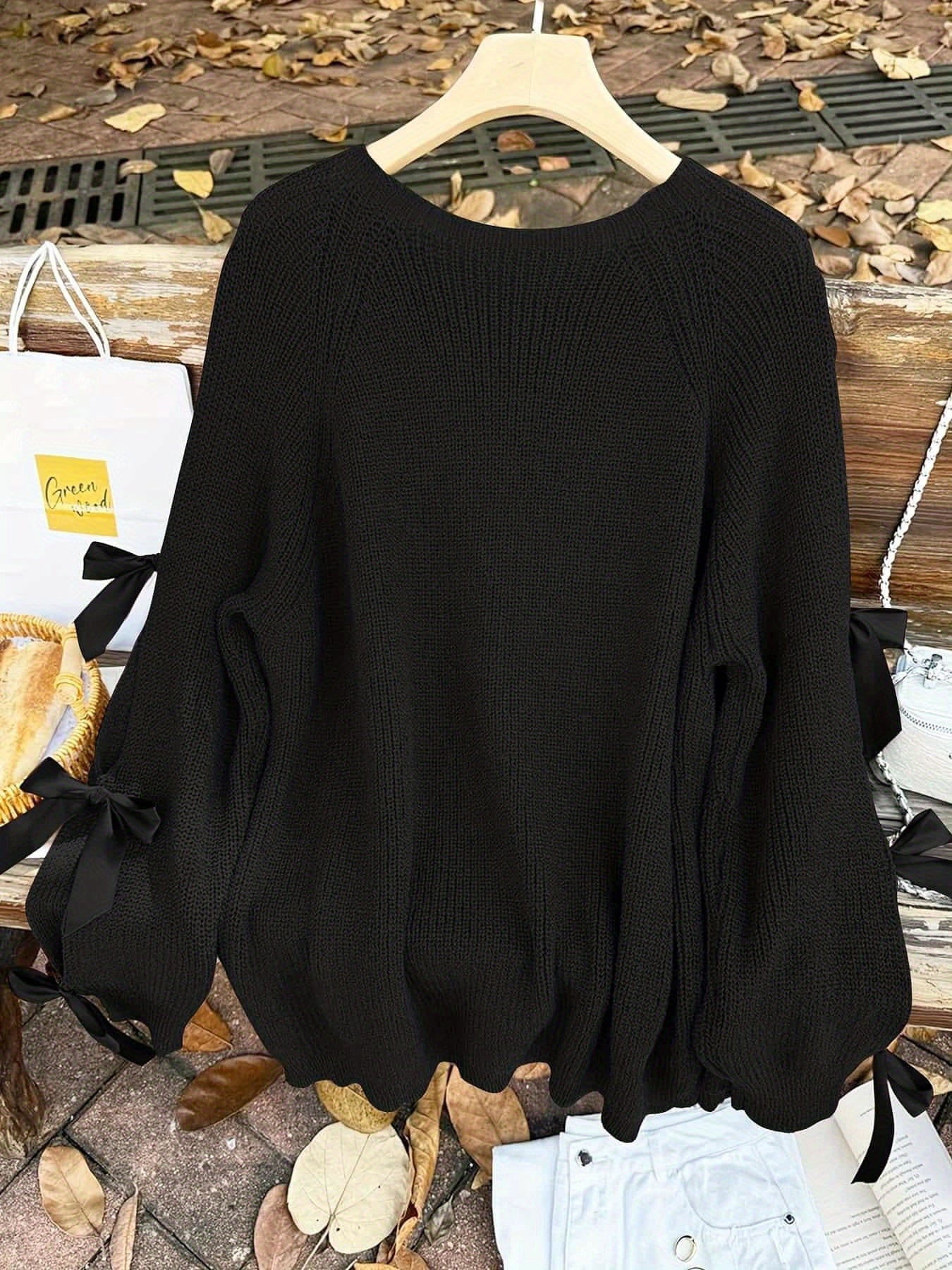 Plus Size, Plus-size  Sweet Style, Round Neck Balloon Sleeve Bow Sweater, Autumn and Winter Atmosphere Items