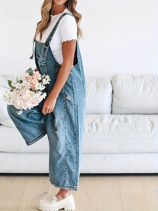 [Trendy Denim Overalls] Women's Denim Overalls Jumpsuit - Adjustable Shoulder Strap, Loose Fit, Ripped Wide-Leg Pants, Machine Washable with Decorative Pockets, All-Season Casual Outfit, Relaxed, Button Closure, Trendy