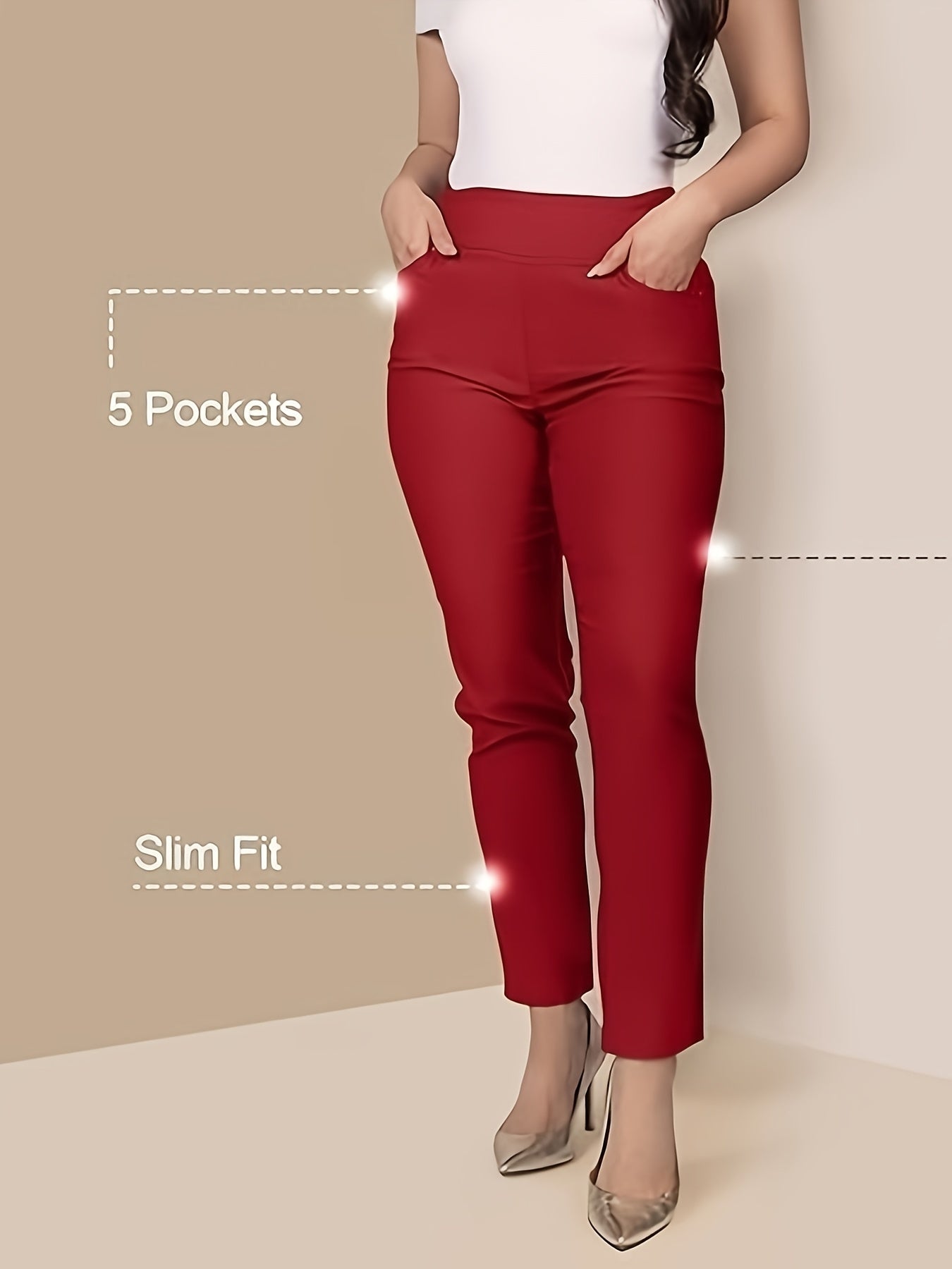 Slim Fit High-Waisted Pants for Women Featuring Five Pockets, Designed for Easy Pull-On Wear, Suitable for Work Or Casual Office Settings