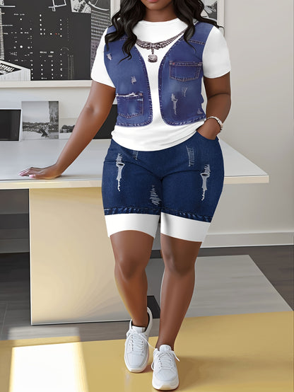 [Denim Print/Imitation Denim] Women's clothing Full body imitation denim print two-piece set Casual loose short sleeves paired with slim shorts Round neck Loosen the top with a wide swing Set with tight shorts