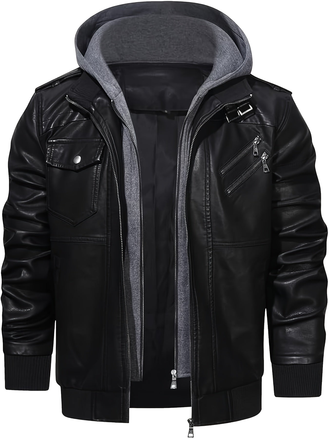 Men's PU Leather Jacket Motorcycle Jacket High Quality Windproof (Belt Included) PU Moto Vintage Bomber Hoodie with Removable Hood