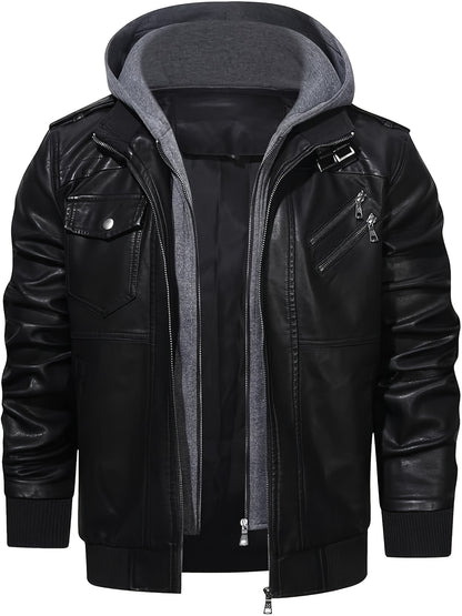 Men's PU Leather Jacket Motorcycle Jacket High Quality Windproof (Belt Included) PU Moto Vintage Bomber Hoodie with Removable Hood