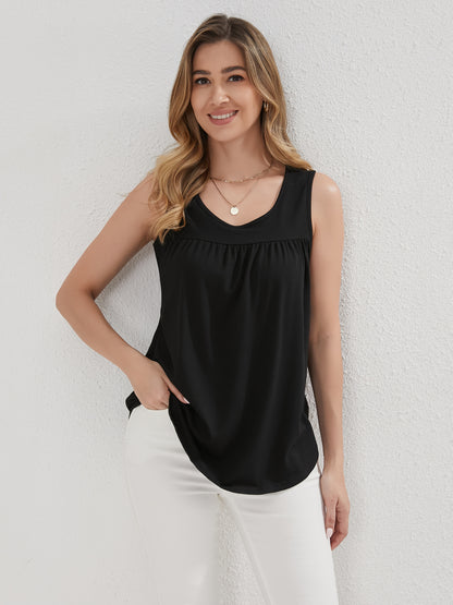 Women's Blouse 2025 Europe And America Fashion Casual Solid Color Loose Blouse Round Neck Pleated Sleeveless Vest