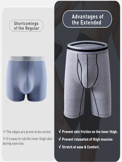 4pcs Men's Long Leg Cotton Underwear Total Support Pouch Boxer Briefs with Open Fly Pouch, Men's Cycling Sports Wear Bottoms, Moisture Wicking & Breathable Slimming Shapewear Body Shape for Men