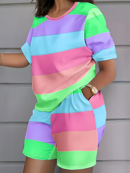 Plus Size, European And American Fashion Color-blocked Stripe Print Casual Shorts Set Plus Size Suit