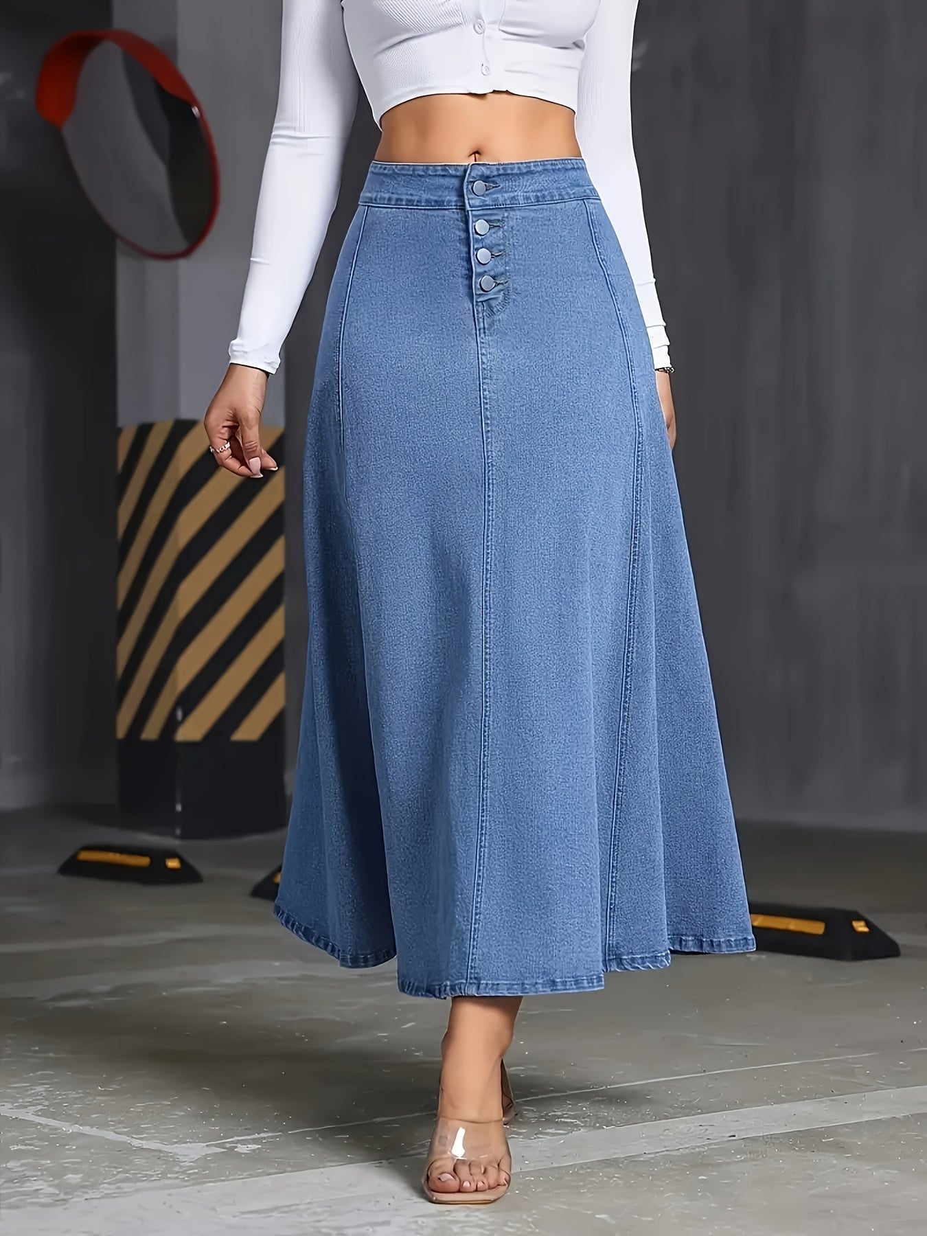 1pc Women'S Elegant Stretch Denim Skirt - Wide Swing Summer Length with Button Detail, Machine Washable Regular Fit Solid Color for Casual & Formal Wear, Everyday Fashion, Comfortable Fashion