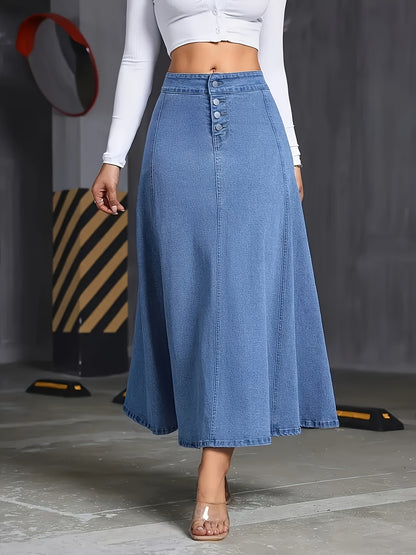 1pc Women'S Elegant Stretch Denim Skirt - Wide Swing Summer Length with Button Detail, Machine Washable Regular Fit Solid Color for Casual & Formal Wear, Everyday Fashion, Comfortable Fashion