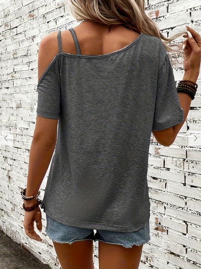 Gray Short-Sleeve Top for Women with a Single Shoulder Design, a Relaxed Casual T-Shirt Perfect for Daily Wear