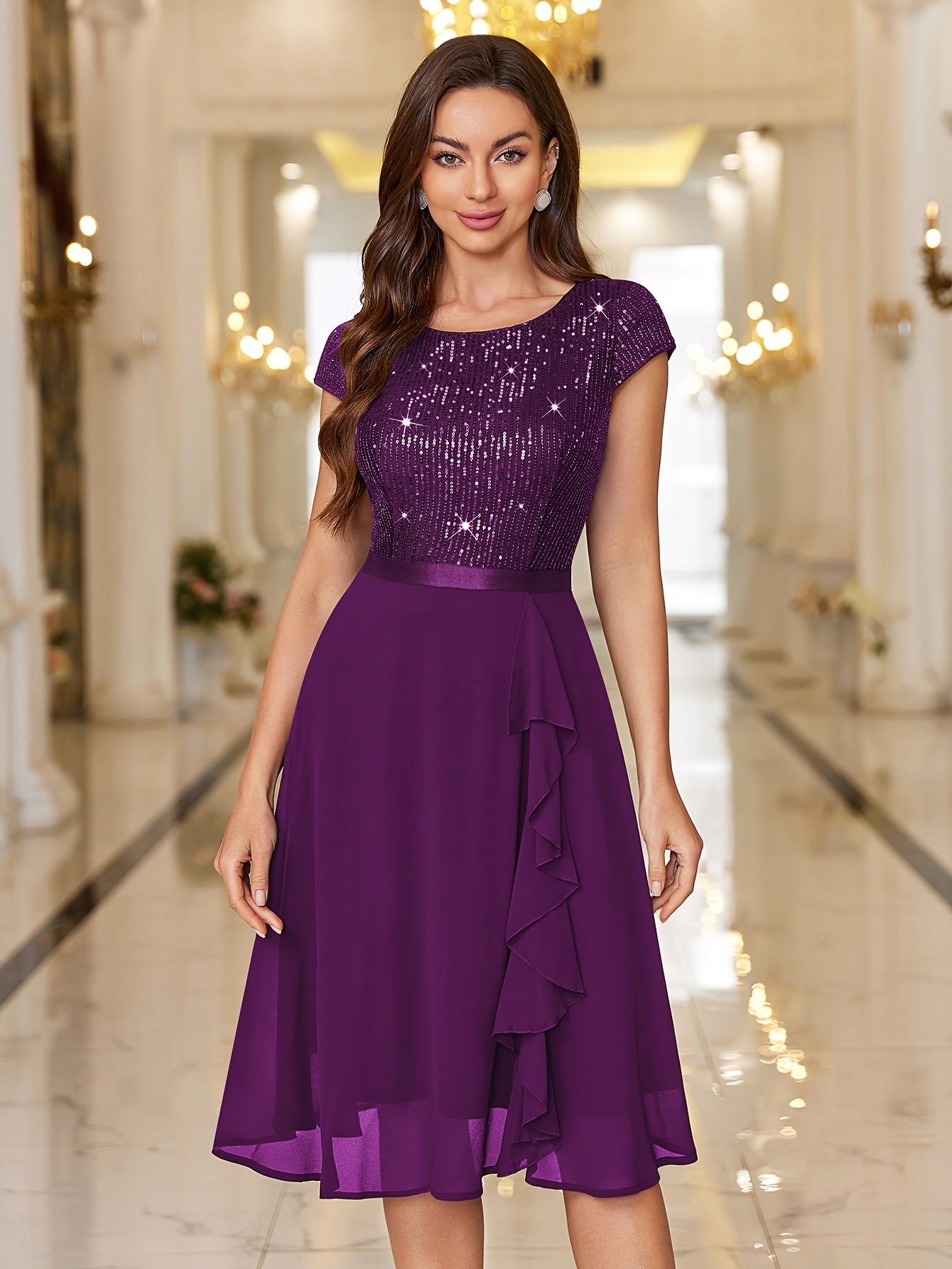 Y82016 Elegant Women's Glitter Sequin Chiffon A-Line Bridesmaid Dress with Cap Sleeves & Ruffled Hem - Sparkling Wedding Party Dress for Bridesmaids, Prom, Birthday, Formal Evening Gown - Machine Washable Chiffon