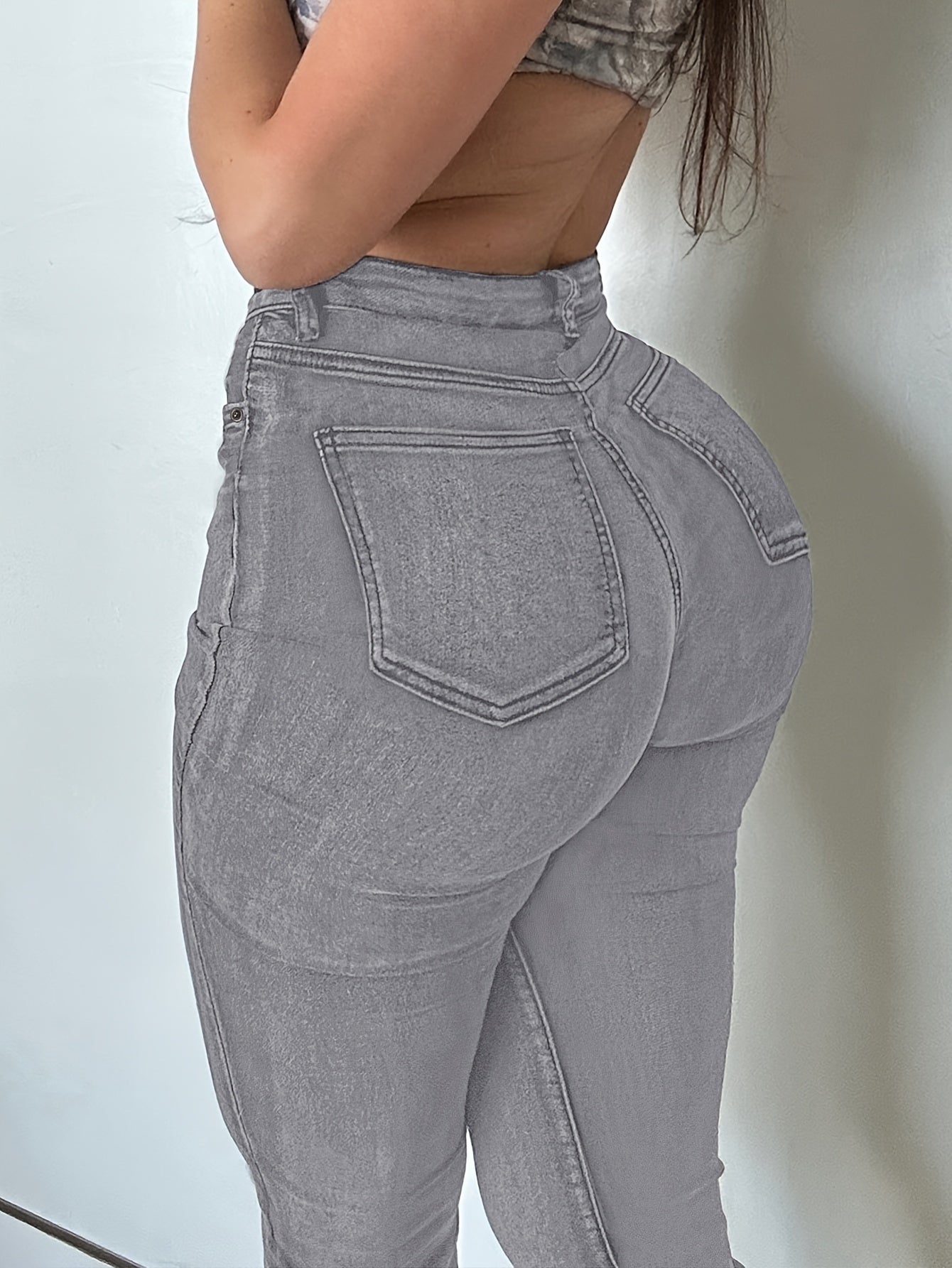 Women'S High Stretch Flare Zipper Jeans - Solid Color Street Style with Pockets, Four Seasons Comfortable Machine Washable Fabric, Functional Fashion Design, Comfortable Fit