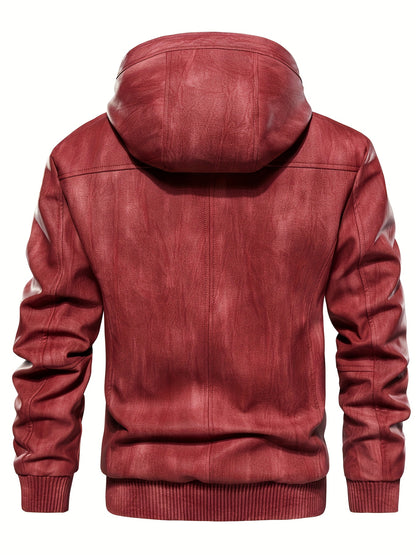 Men's Solid Color PU Faux-Leather Hooded Jackets, Trendy Thick Jacket for Spring Autumn