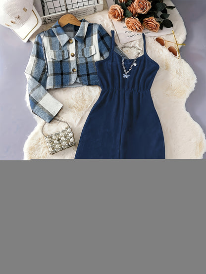 2025 New Elegant Vacation Style: Plaid Printed Button Top with Solid Color Ribbed Camisole Jumpsuit Set