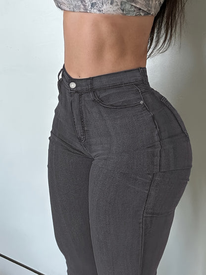 Women'S High Stretch Flare Zipper Jeans - Solid Color Street Style with Pockets, Four Seasons Comfortable Machine Washable Fabric, Functional Fashion Design, Comfortable Fit