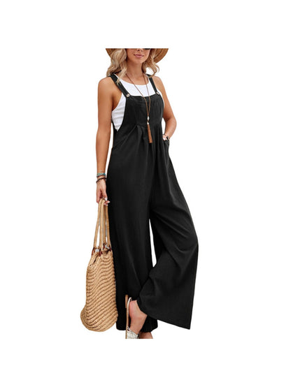 Retro Style Women'S Jumpsuit with Wide Legs, Mid-Rise Solid Color Overalls for Casual Daily Wear, Effortless Boho Chic One-Piece Pants