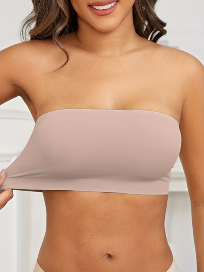 1pc ESSELEGANCE Seamless Wireless Bandeau Bra - Soft Nylon & Elastane Blend, No-Show Design, Beige/Nude, Comfortable Stretch Fit for Casual Attire