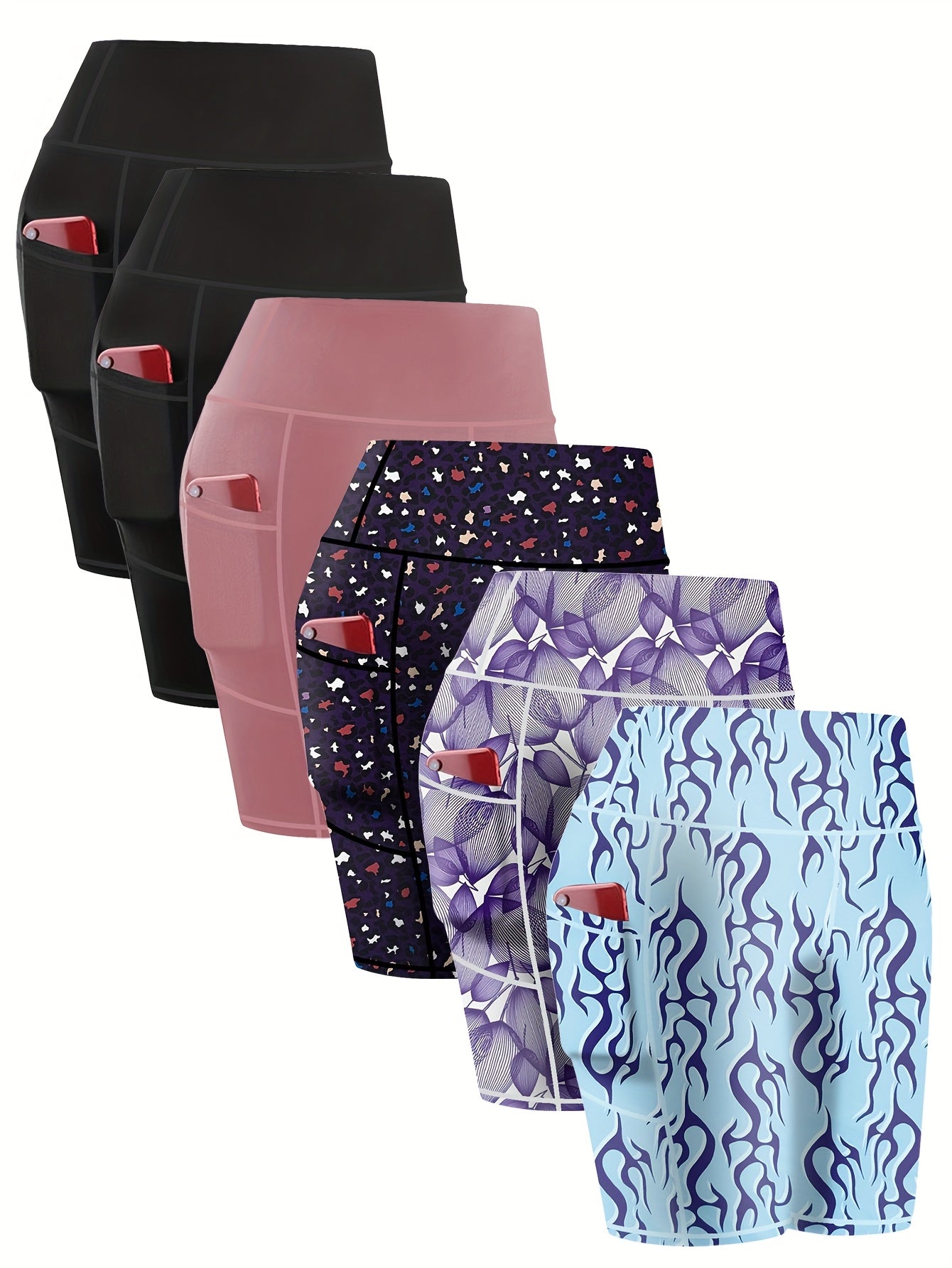 6-pack Large Size Sport Shorts For Women, Fashionable Casual Shorts, High-waist High-stretch Yoga Shorts, 5-inch Shorts With Phone Pocket