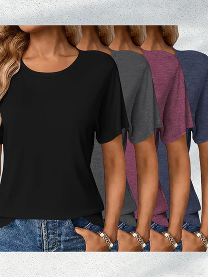 4pcs Women's Casual Rayon Short Sleeve T-Shirts- Pink, Olive Green, Dark Gray, and Brown Solid Color Crew Neck Tops, Machine Washable Four Seasons Comfortable Version, Women's T-Shirts