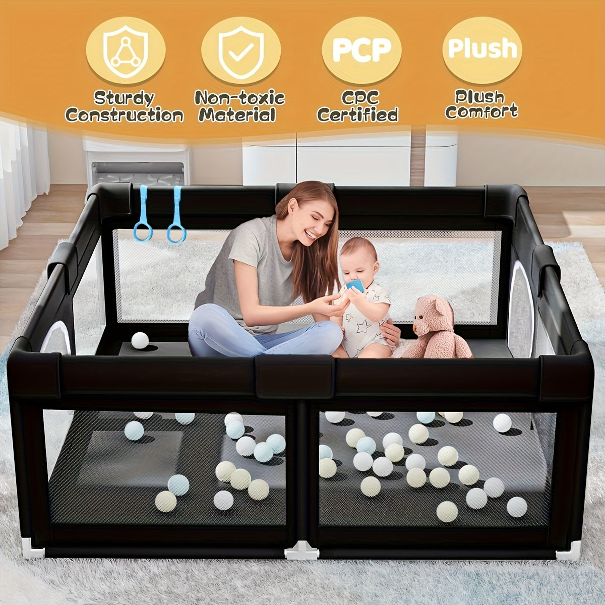 47x47 Inch Baby Game Pen, Baby And Toddler Game Pen, Baby Game Pen for Indoor And Outdoor Activity Center Game Fences, with Skin Friendly Fabric And Soft Breathable Mesh, Can Be Assembled And Carried, Non Portable Fence, Black