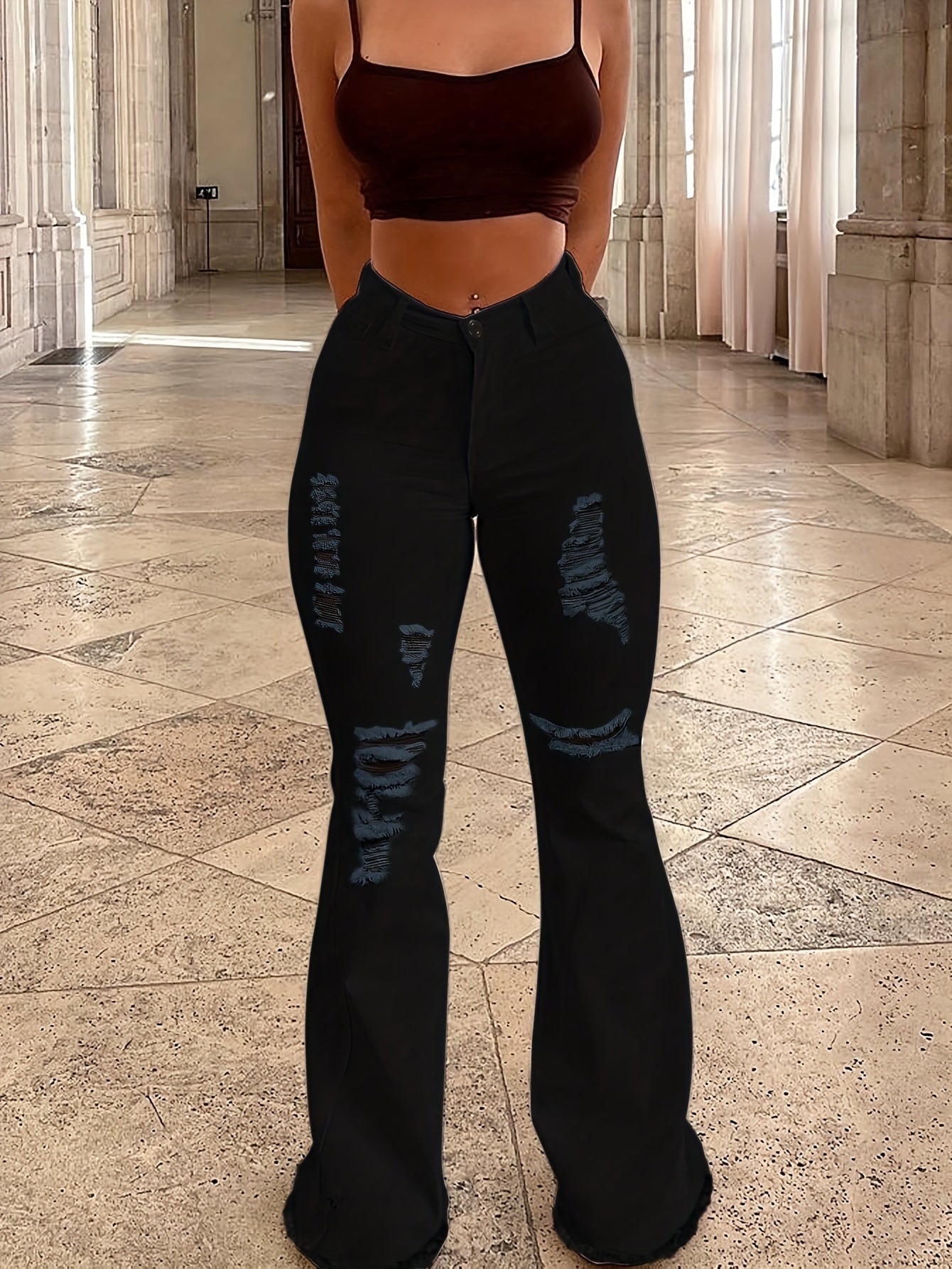 Women's Sexy Ripped Distressed Bell-Bottom Jeans - Mid-Rise Tight-Fit Pants with Full-Length Bell Flare Legs, Beltless & Machine Washable for Casual Outfits (//Daily Wear) - - Wearable in Stock