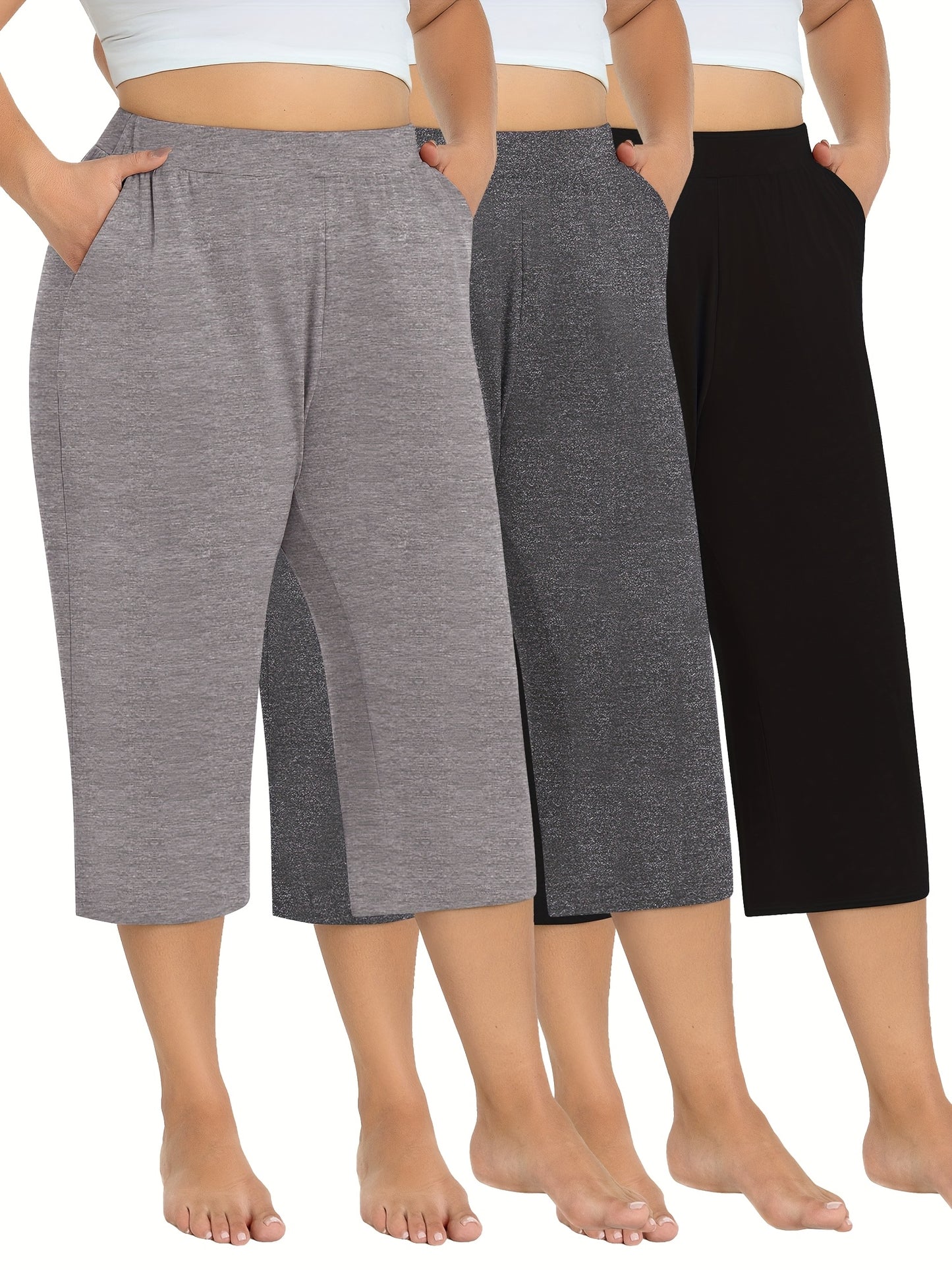 3 Pack Women's Plus Size Capri Pants - Summer Yoga Pants with Pockets | Ultra Soft Wide Leg Lounge Pants for Casual Outfits & Street Style | Breathable Stretchy Athleisure Sweatpants