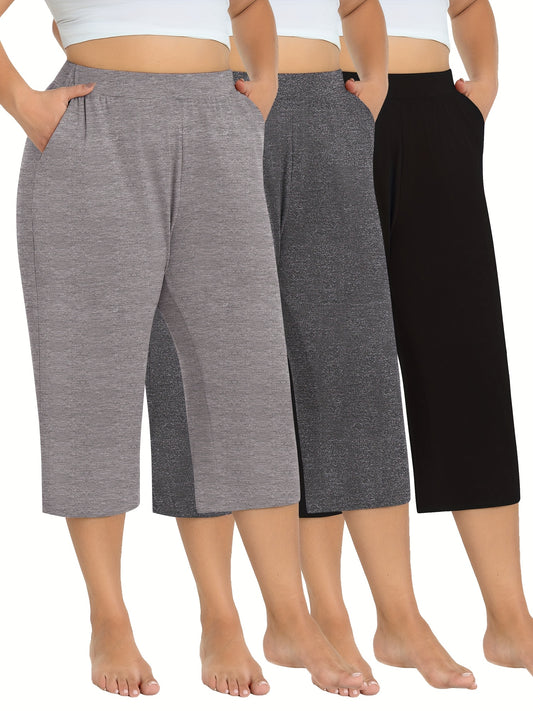 3 Pack Women's Plus Size Capri Pants - Summer Yoga Pants with Pockets | Ultra Soft Wide Leg Lounge Pants for Casual Outfits & Street Style | Breathable Stretchy Athleisure Sweatpants