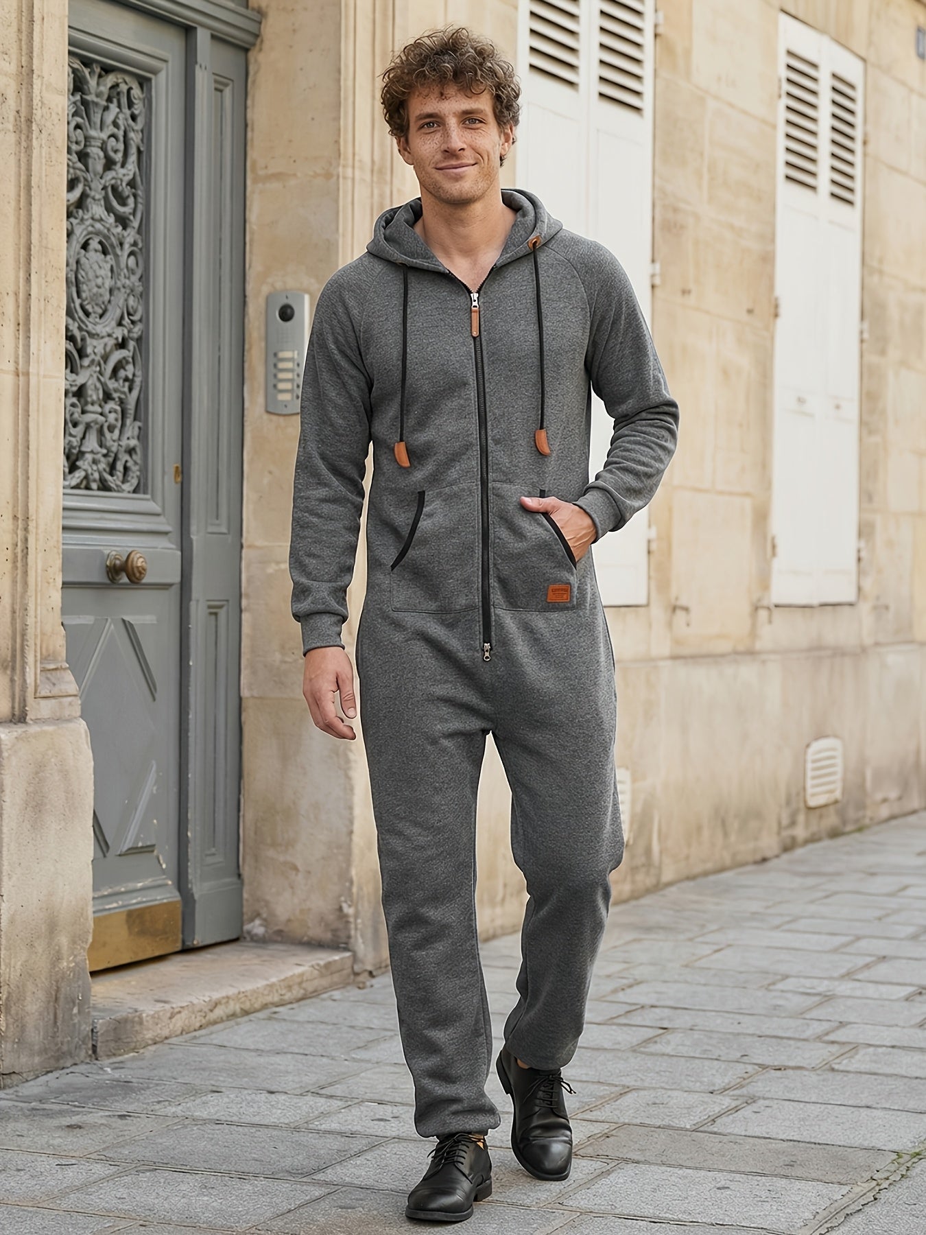 Lkwxsai Men'S Hooded Fleece Lining Jumpsuit, Long Sleeve Full Zipper Overalls with Kangaroo Pockets