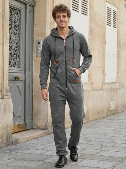 Lkwxsai Men'S Hooded Fleece Lining Jumpsuit, Long Sleeve Full Zipper Overalls with Kangaroo Pockets