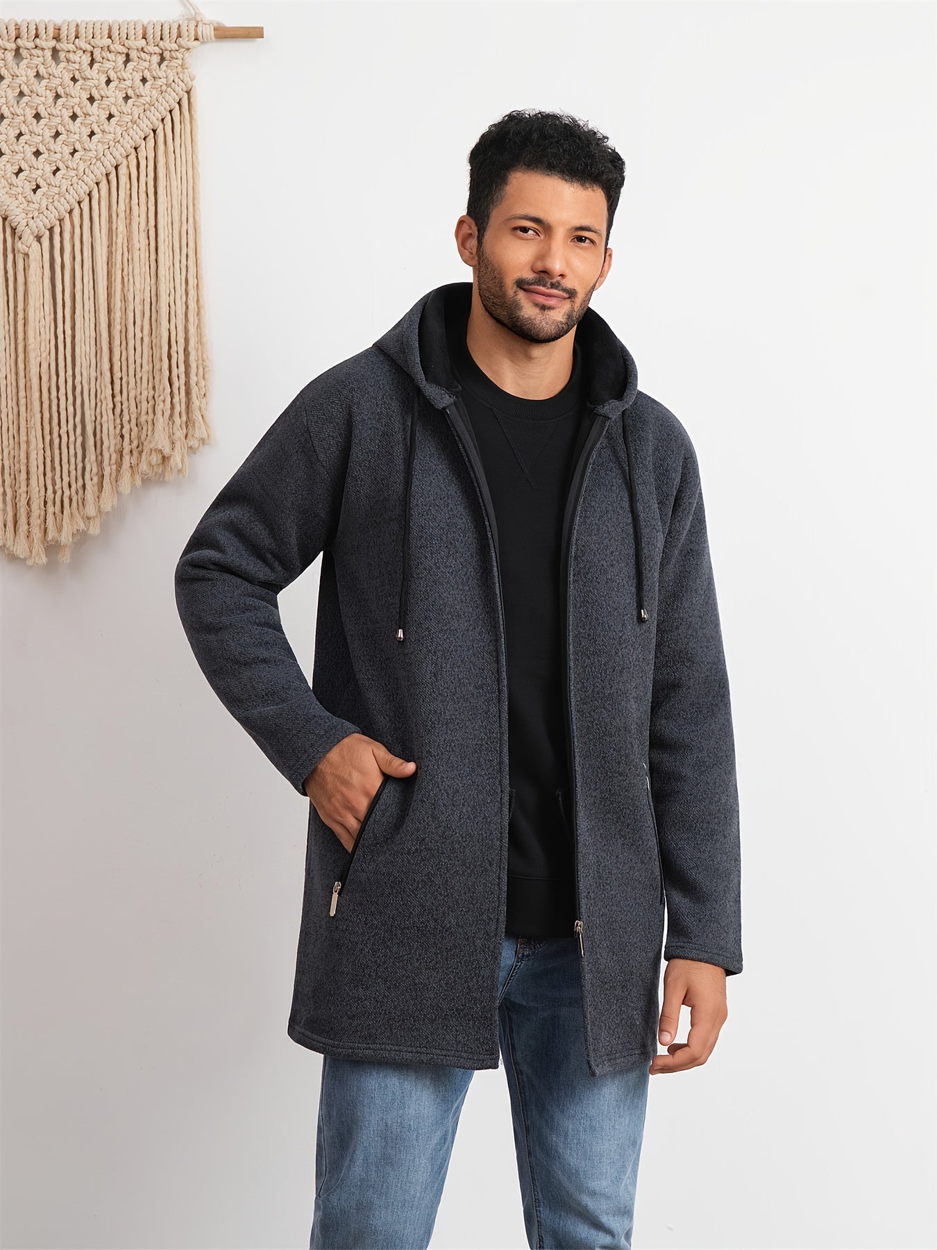 Men's Casual Hoodie, Hooded Mid Length Coat, Lined Zip Up Hoodie, Stylish Slim Fit Hoodie with Pockets, Suitable for Daily Wear, Outdoor Activities And Street