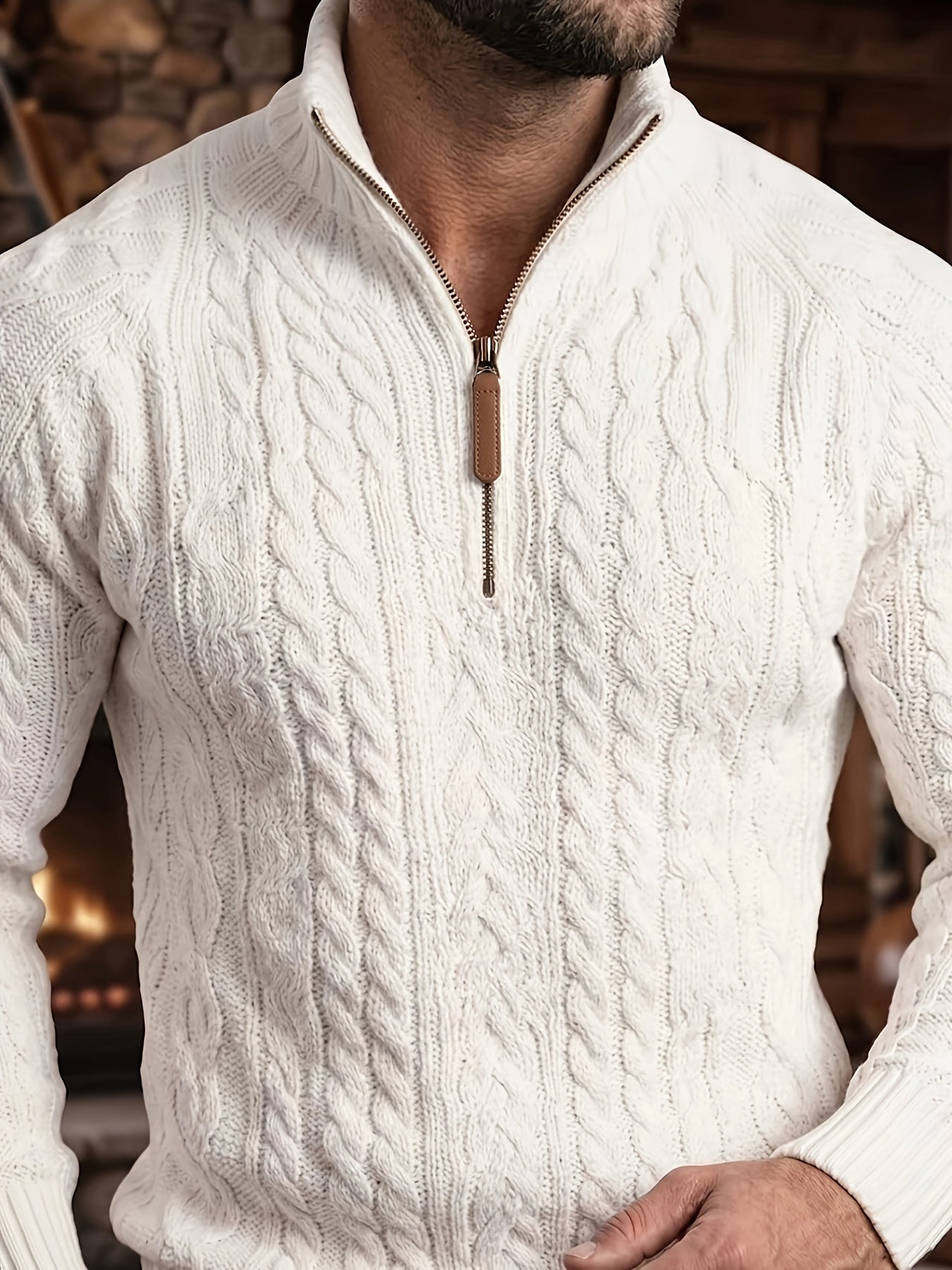 Trendy Half-Zippered Stand-Collar Warm Knitted Sweater with Hemp Pattern