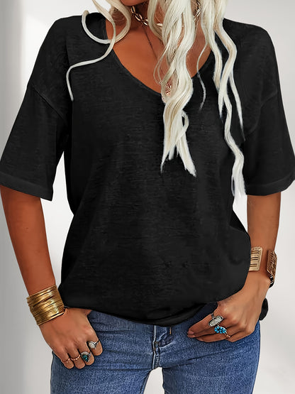 Women Fashion V-Neck Half Sleeves Oversized T Shirt Solid Casual Loose Basic Tops