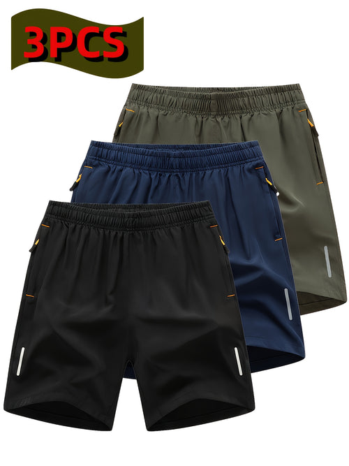 3pcs Men'S Stylish Athletic Shorts, Black Drawstring Design, Zipper Pockets, (Includes Wristband)Ideal For Summer Workouts And Outdoor Activities, Plus Size Shorts