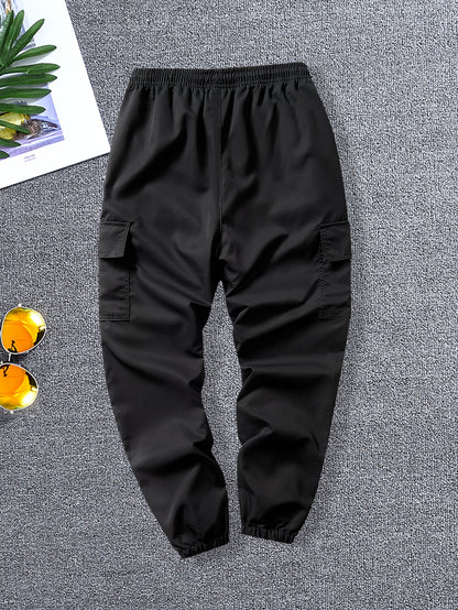 5pcs Men's Overalls, Elastic Belt Loose Work Pants, Multi-pocket Design, Machine Washable Non-elastic Fabric, Suitable for Outdoor/construction/travel, Outdoor Tooling Style, Textured Fabric