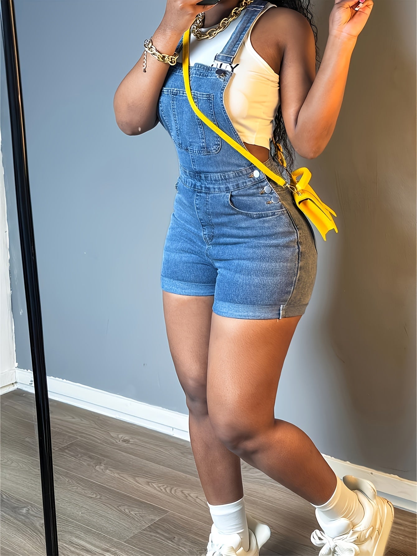 Women Solid Color Slim-fit Jeans Casual Button Trim Denim Romper Pockets Sleeveless Denim Romper