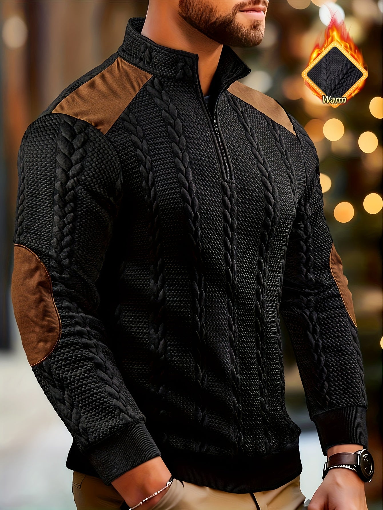 Casual Top for Men in Autumn/Winter, Featuring a Textured Wheat Pattern Fabric, Contrasting Ribbed Edges, And a Zippered Long-Sleeve Henley Design. an Ideal Present for New Year, Valentine'S Day, Or for Your Husband