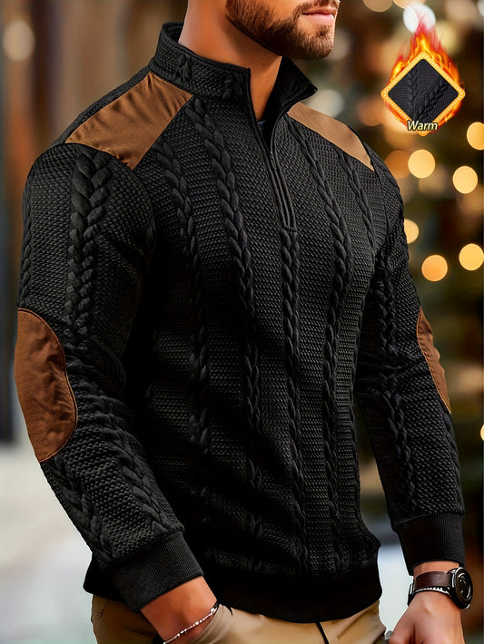 Casual Top for Men in Autumn/Winter, Featuring a Textured Wheat Pattern Fabric, Contrasting Ribbed Edges, And a Zippered Long-Sleeve Henley Design. an Ideal Present for New Year, Valentine'S Day, Or for Your Husband
