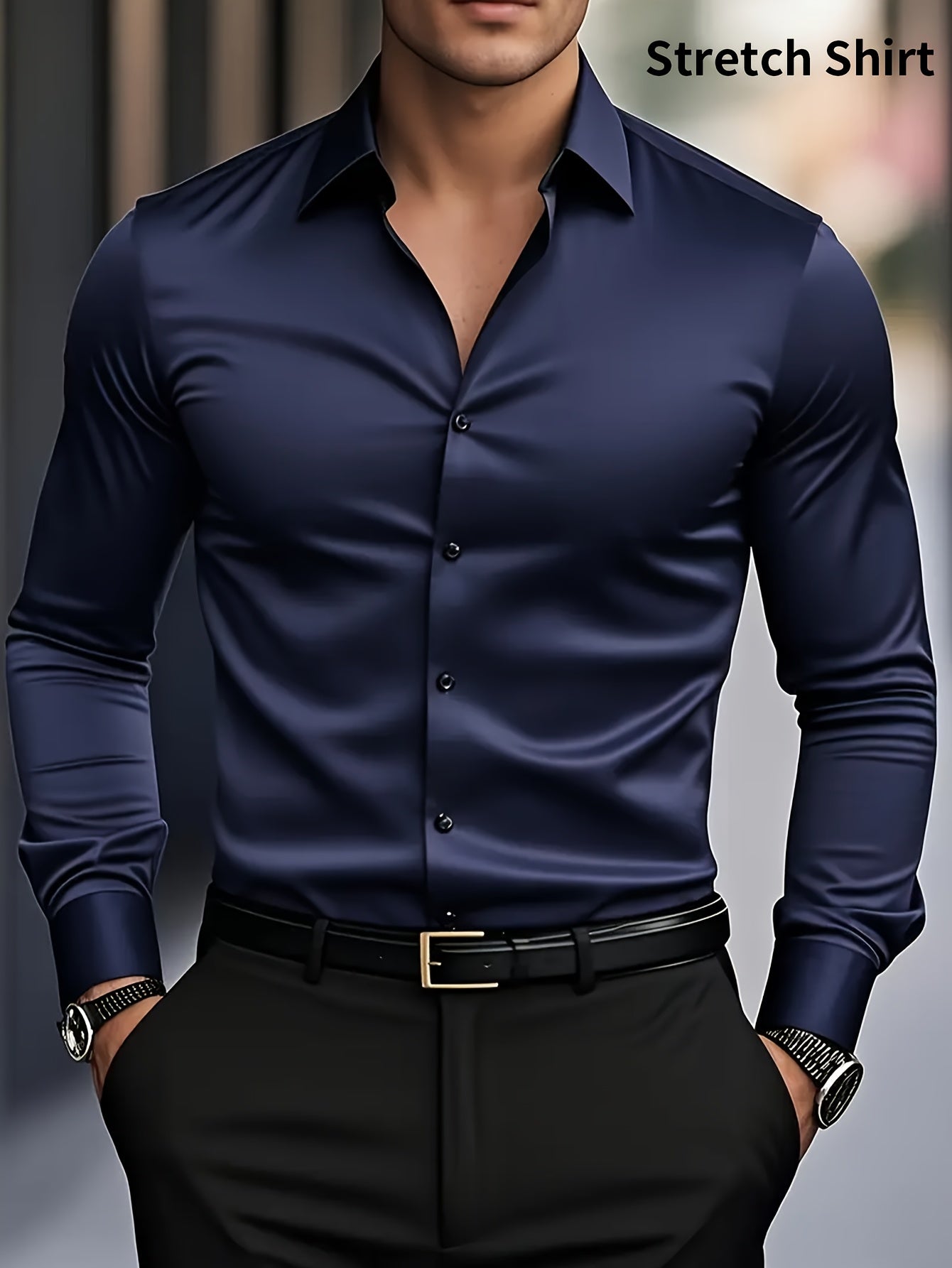 Men's Slim Fit Muscle Shirt - Stretch Polyester Blend Long Sleeve for Body Contouring | Glossy Solid Color Workout & Casual Shirt | Spring/Fall Gym-to-Street Wear (Hand Wash)