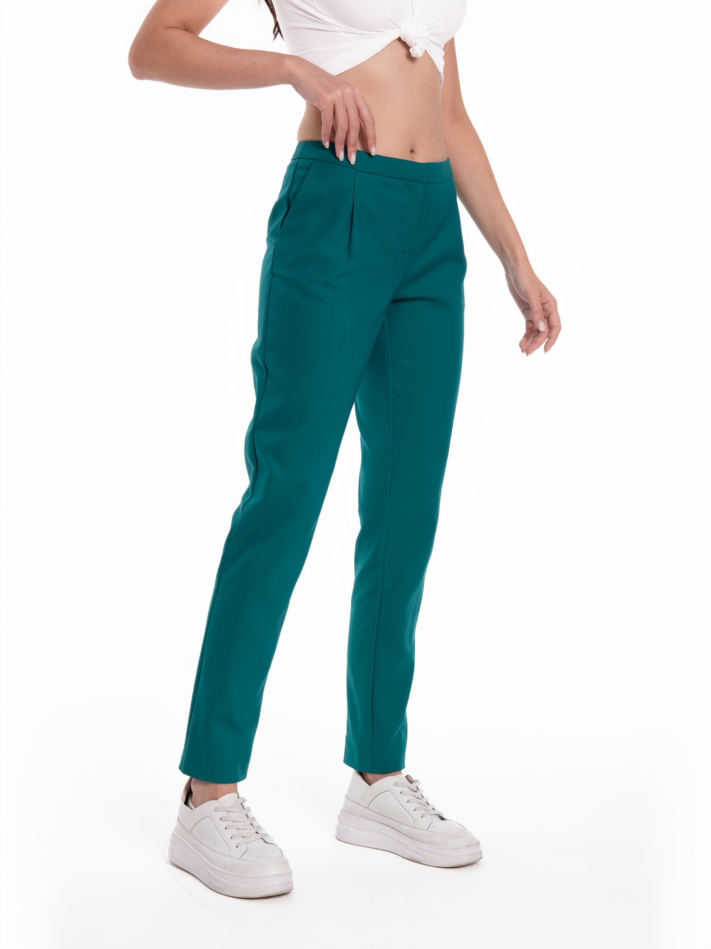 Women Slim Ankle Trousers High Waist Elastic Waistband Office to Casual