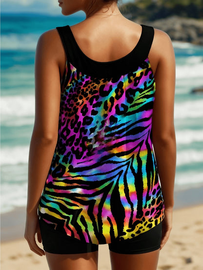Women'S Large-Sized Colorful Leopard Print Two-Piece Swimsuit, with High Waistline for Abdominal Compression And Figure-Shaping, a Trendy And Fashionable Beach Vacation Pool Eye-Catching Style