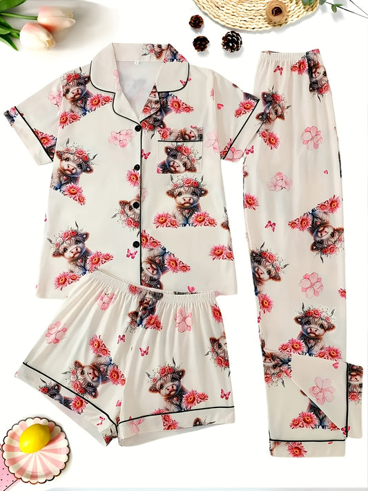[3pcs Women's Pajama Set] 3pcs Casual Women's Pajama Set | Features A Lapel Collar, Short-sleeved Top with Button Closure, Paired with Shorts And Long Pants, Adorned with Floral And Cow Patterns. Comfortable Loungewear Suitable for All Seasons