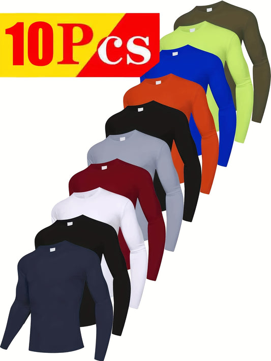 2026 World Cup Match Day Fan Gear: 10pcs Set Of Men's High-performance Solid Color Round Neck Long Sleeved T-shirt, Quick Drying Breathable And Comfortable Sports Top, Suitable for Sports, Fitness And Outdoor Activities, Moisture Wicking And Casual Exerci