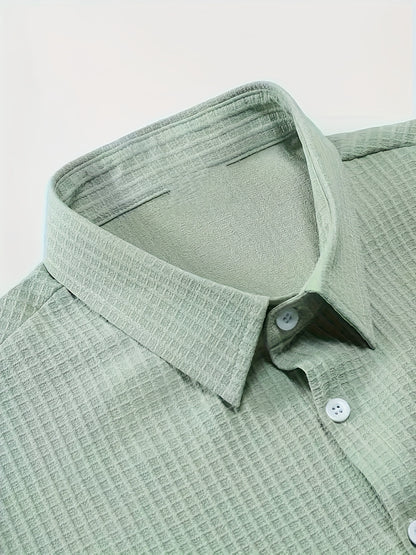 Men's Shirt Trousers Suit, Fashionable Bubble Plaid Simple Casual Lapel Short-sleeved Shirt And Solid Color Trousers Suit