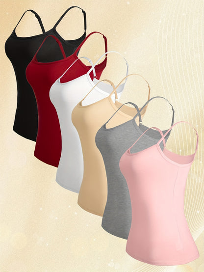 6pcs Women'S Summer Casual Top with Interior And Exterior, Breathable Solid Color Base And Beautiful Back