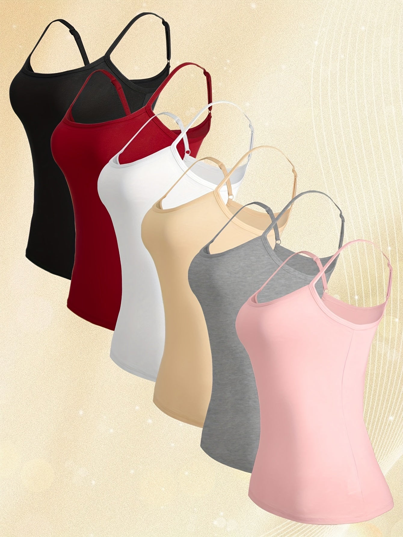 6pcs Women'S Summer Casual Top with Interior And Exterior, Breathable Solid Color Base And Beautiful Back