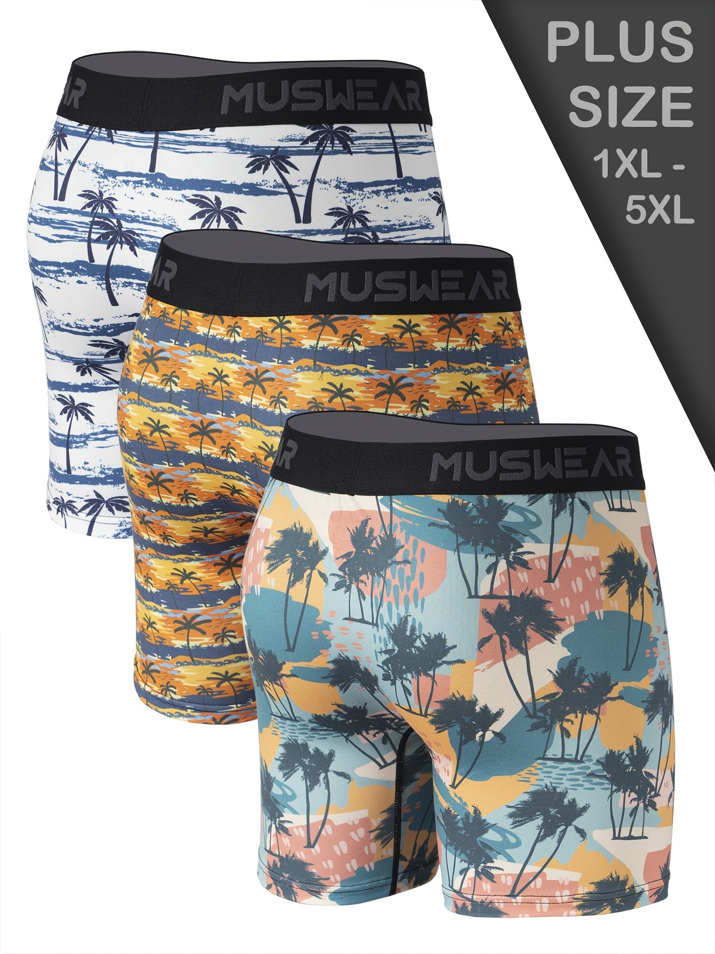 3pcs Men's Plus Size Boxer Briefs - Tropical Beach Swim Trunks with Coconut Tree & Sunset Print, Double-Sided Brushed Underwear for Extended Coverage, Elastic Waistband - Ideal for Vacation & Casual Attire (Machine Washable) - Ideal Gift for Him, Comforta