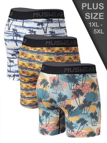3pcs Men's Plus Size Boxer Briefs - Tropical Beach Swim Trunks with Coconut Tree & Sunset Print, Double-Sided Brushed Underwear for Extended Coverage, Elastic Waistband - Ideal for Vacation & Casual Attire (Machine Washable) - Ideal Gift for Him, Comforta