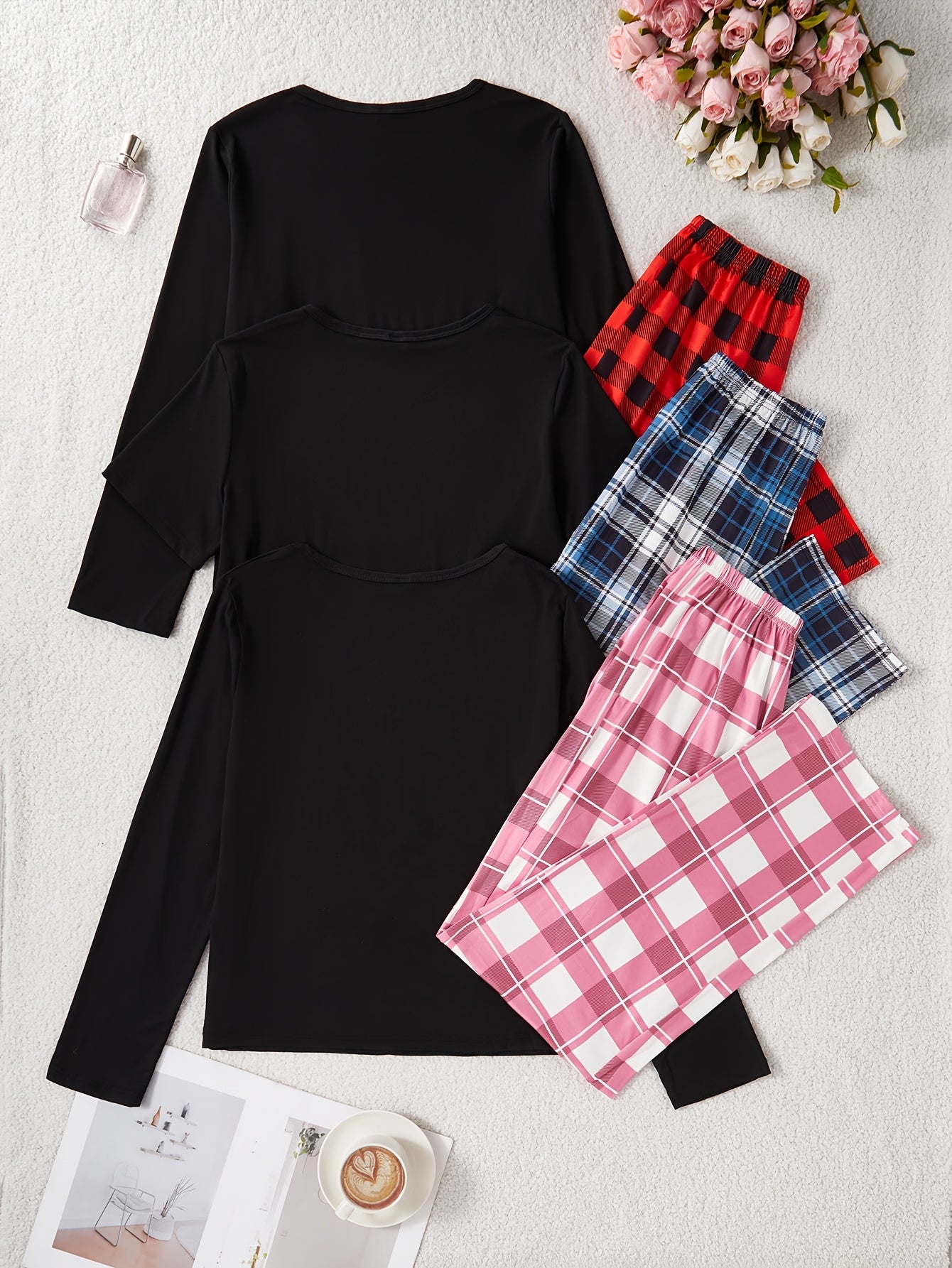 New Style Pajama Set for Women, Casual Indoor Home Wear, Letter Printed Long-sleeved And Short-sleeved Tops, Checked Trousers, Six-piece Set